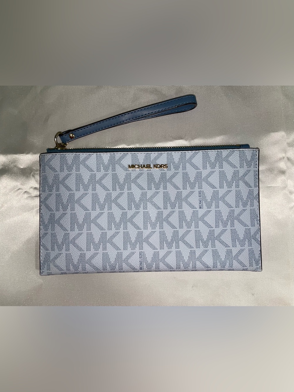 Michael Kors Pale Blue MK Logo Wristlet with Gold Hardware